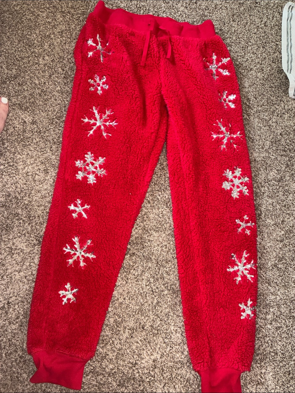 Cozy Red Women's Fleece Pajama Joggers with Silver Snowflake Accents